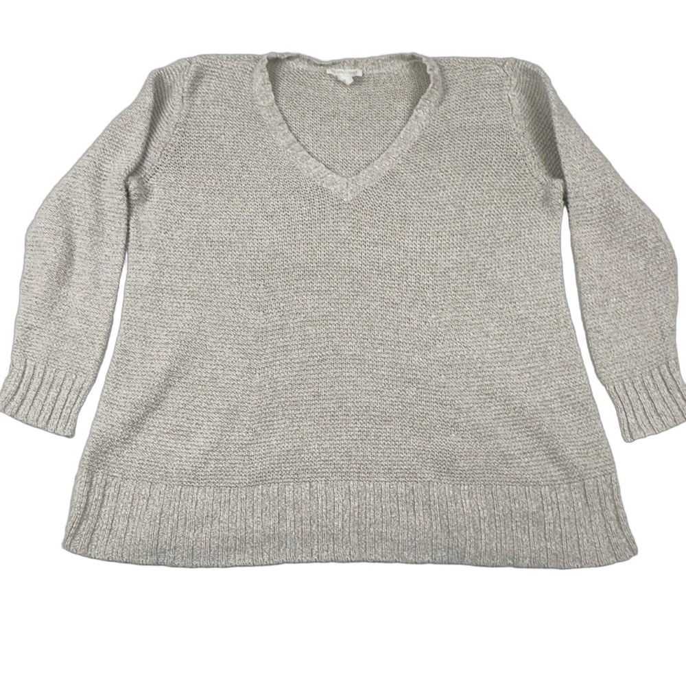 EILEEN FISHER Women's V-Neck Sweater L/G Beige Organic Linen Cotton Knit